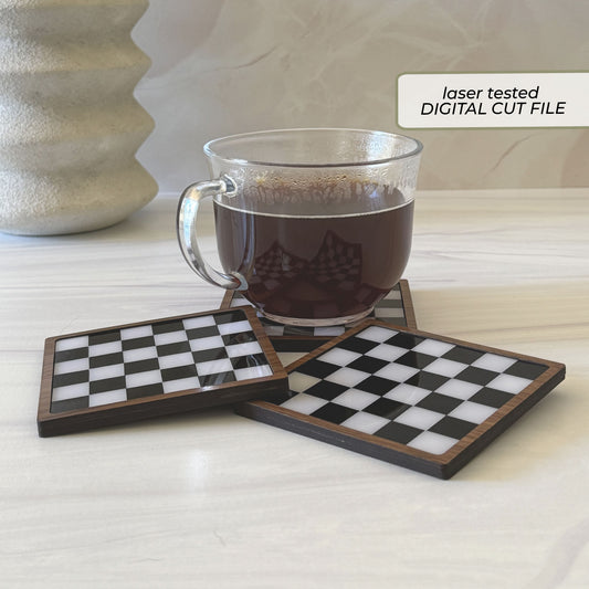 Checkerboard coaster SVG laser cut file shown as layered black-and-white acrylic coasters with a rounded wood border