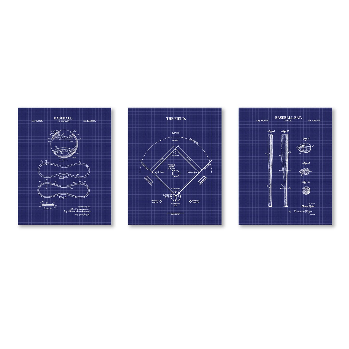 Three blueprints of baseball equipment on a white background