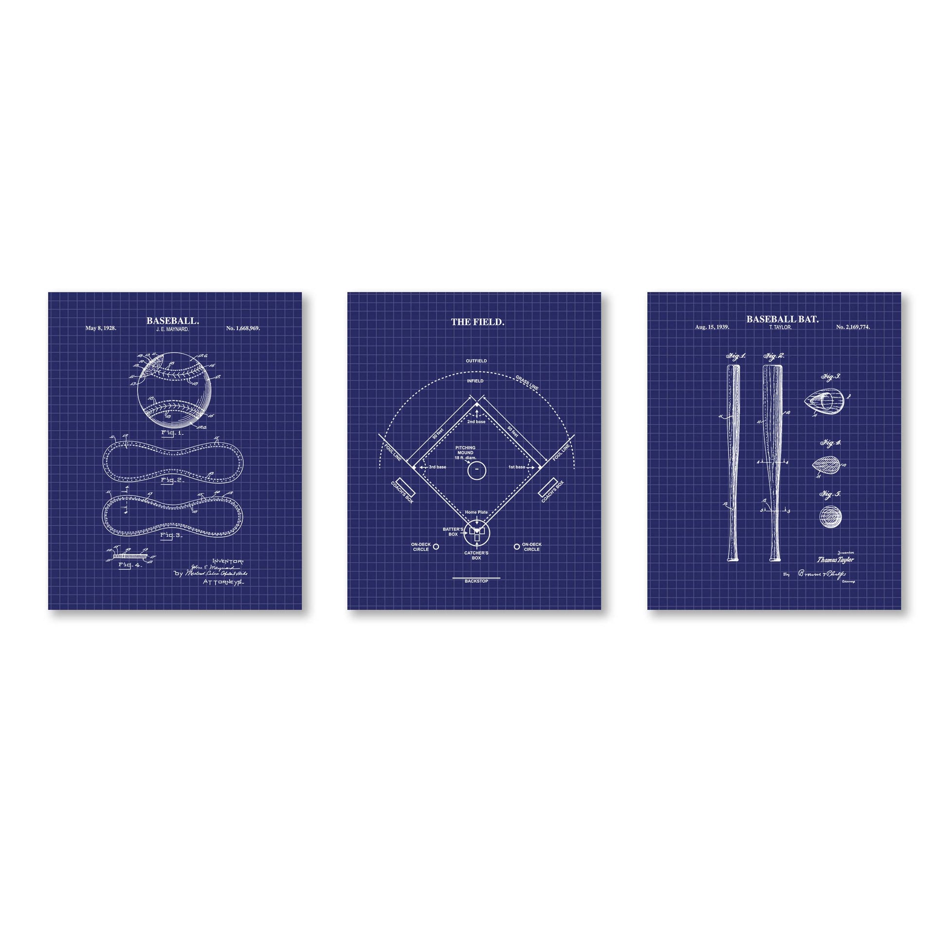 Three blueprints of baseball equipment on a white background