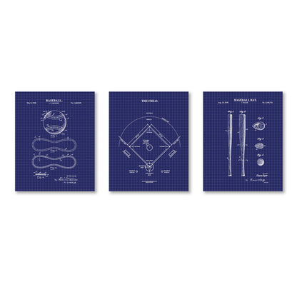 Three blueprints of baseball equipment on a white background