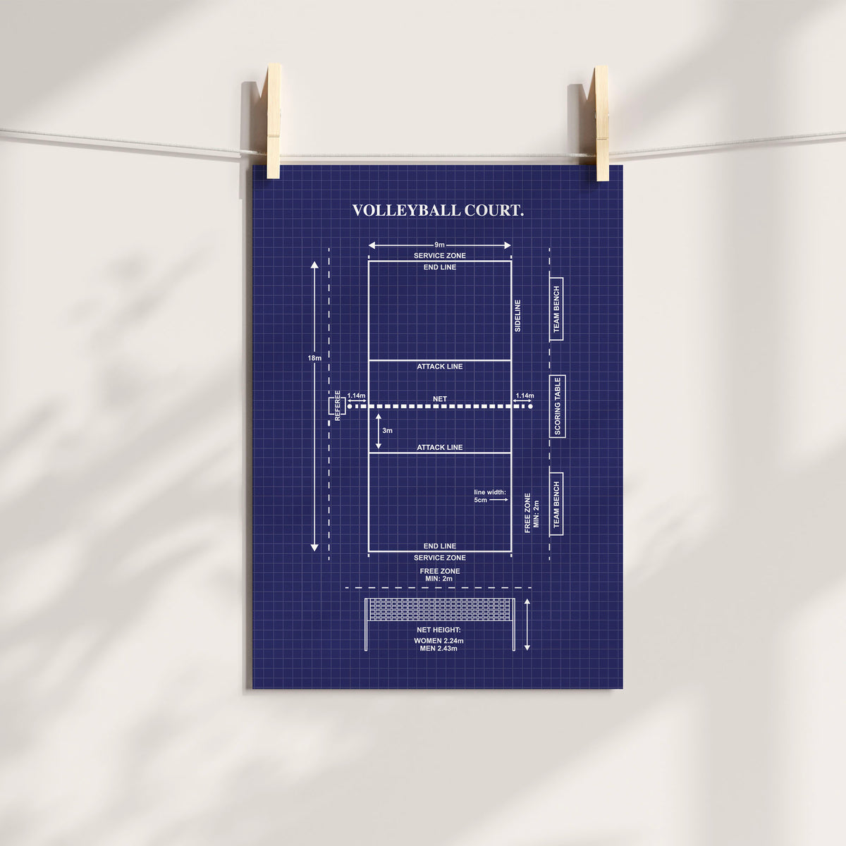 Blueprint volleyball court diagram print showing court dimensions and net measurements.