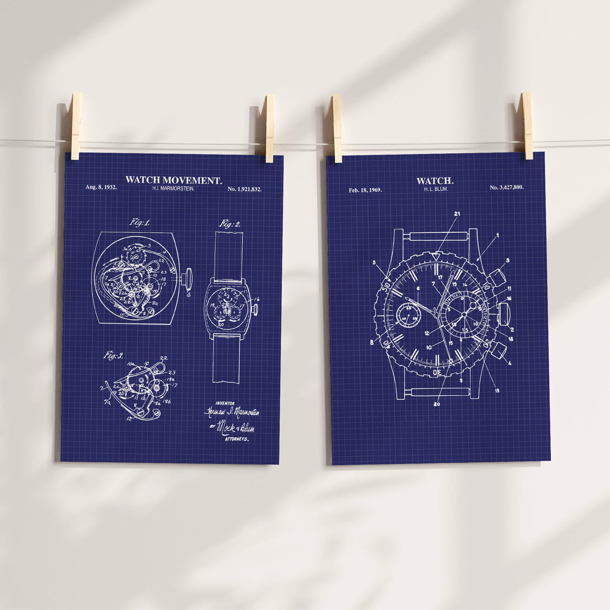 Mechanical watch patent wall art set of two in blueprint blue