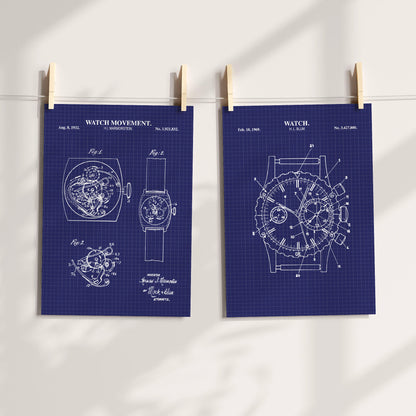 Mechanical watch patent wall art set of two in blueprint blue