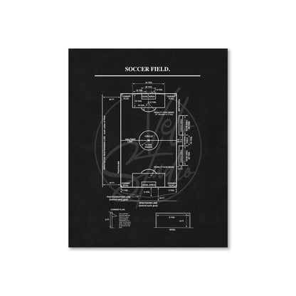 Soccer field diagram on a black background with white text and lines.