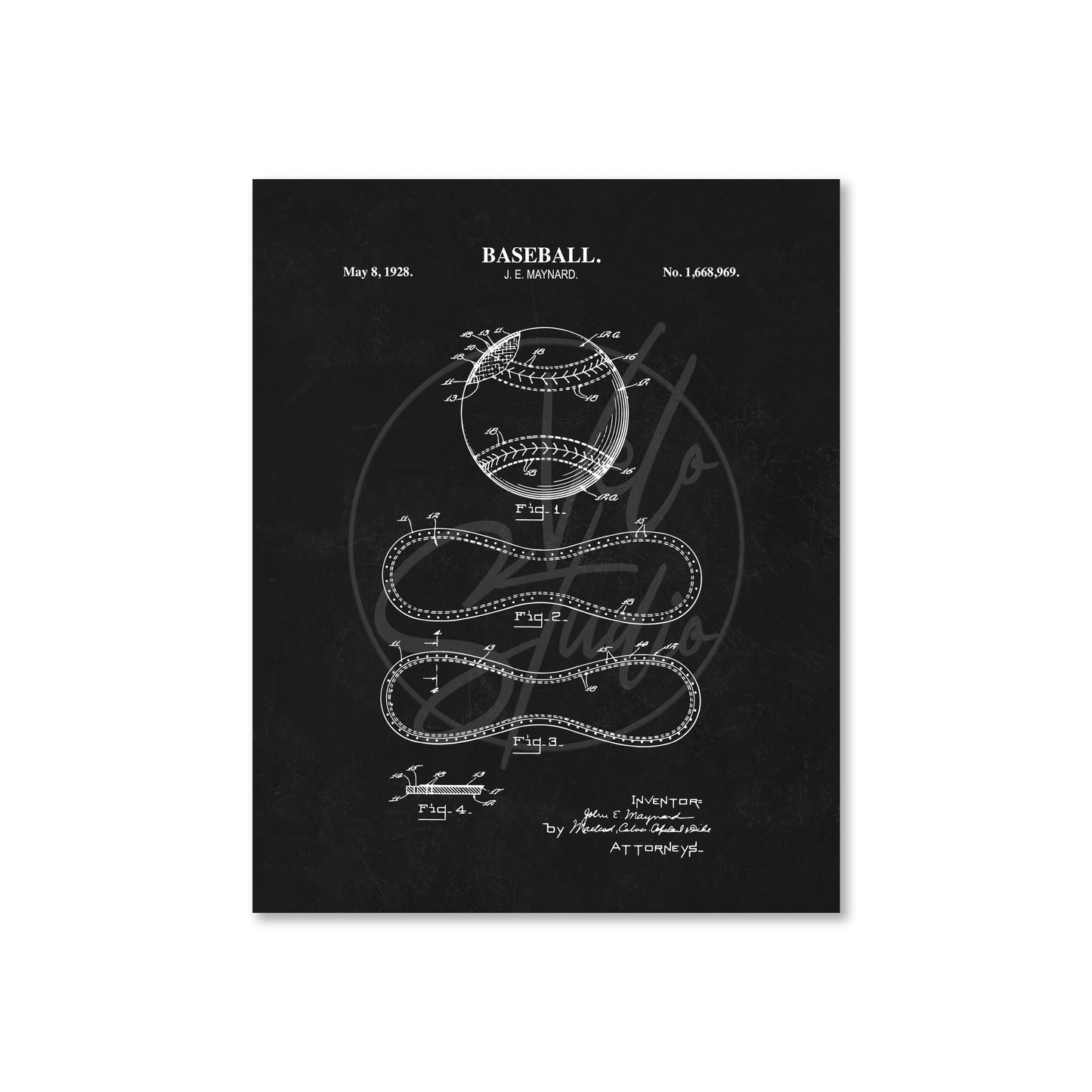 Baseball patent illustration on a black background
