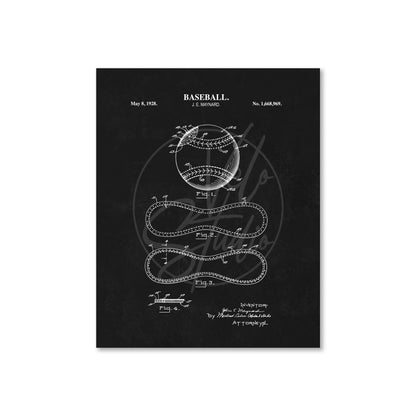 Baseball patent illustration on a black background