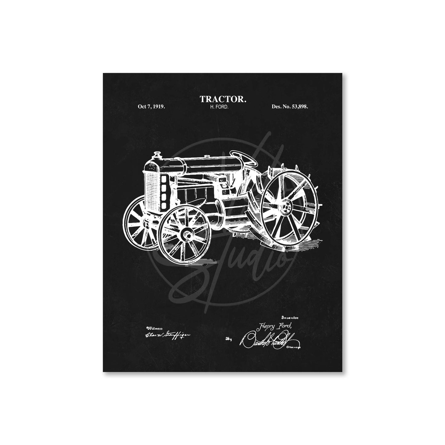 Black and white poster of a tractor design with text on a black background