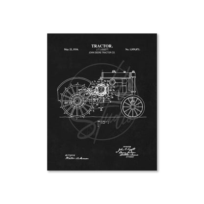 Vintage tractor patent blueprint on a black background