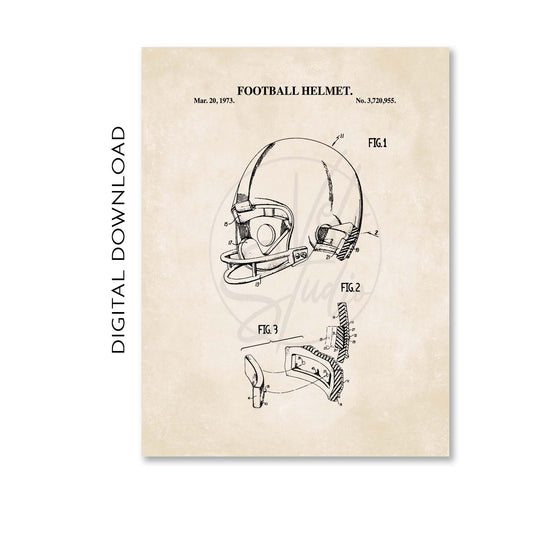 Vintage patent-style print of a football helmet with technical line drawings and the text 'FOOTBALL HELMET' on a warm beige background, shown as a digital download preview with 'DIGITAL DOWNLOAD' text along the left side.