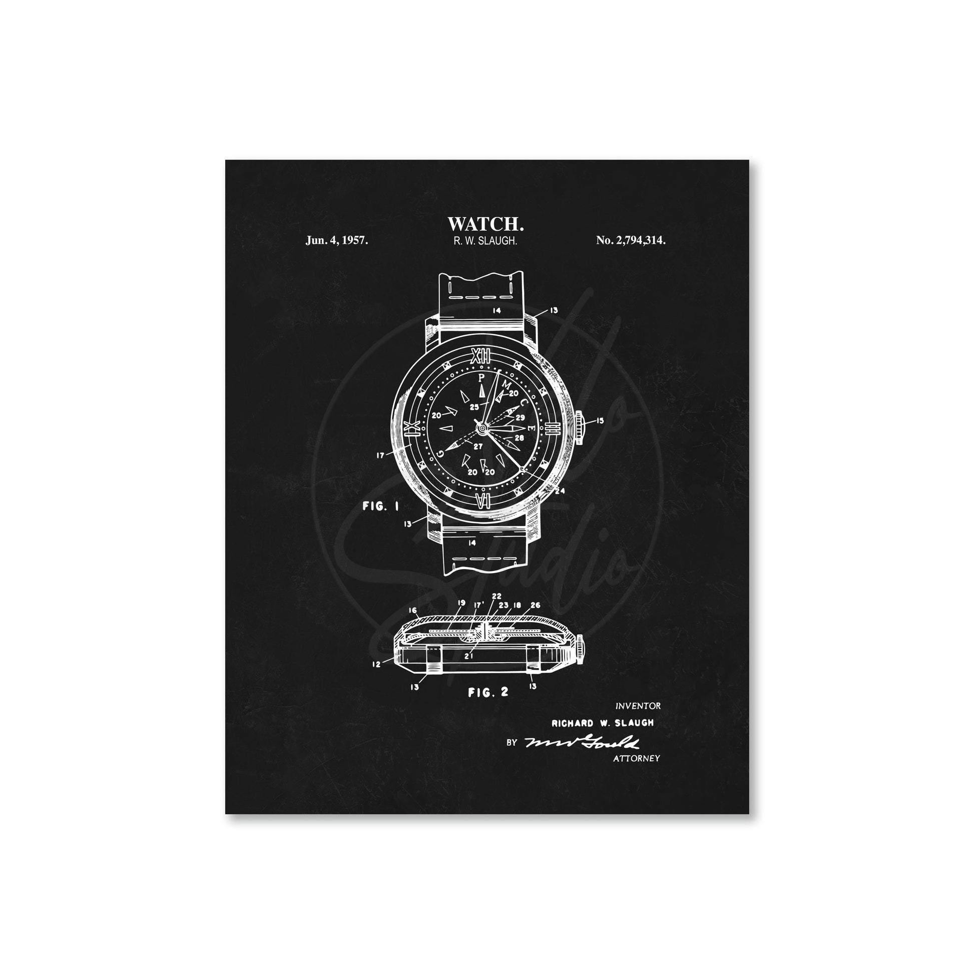 Watch patent illustration on a black background