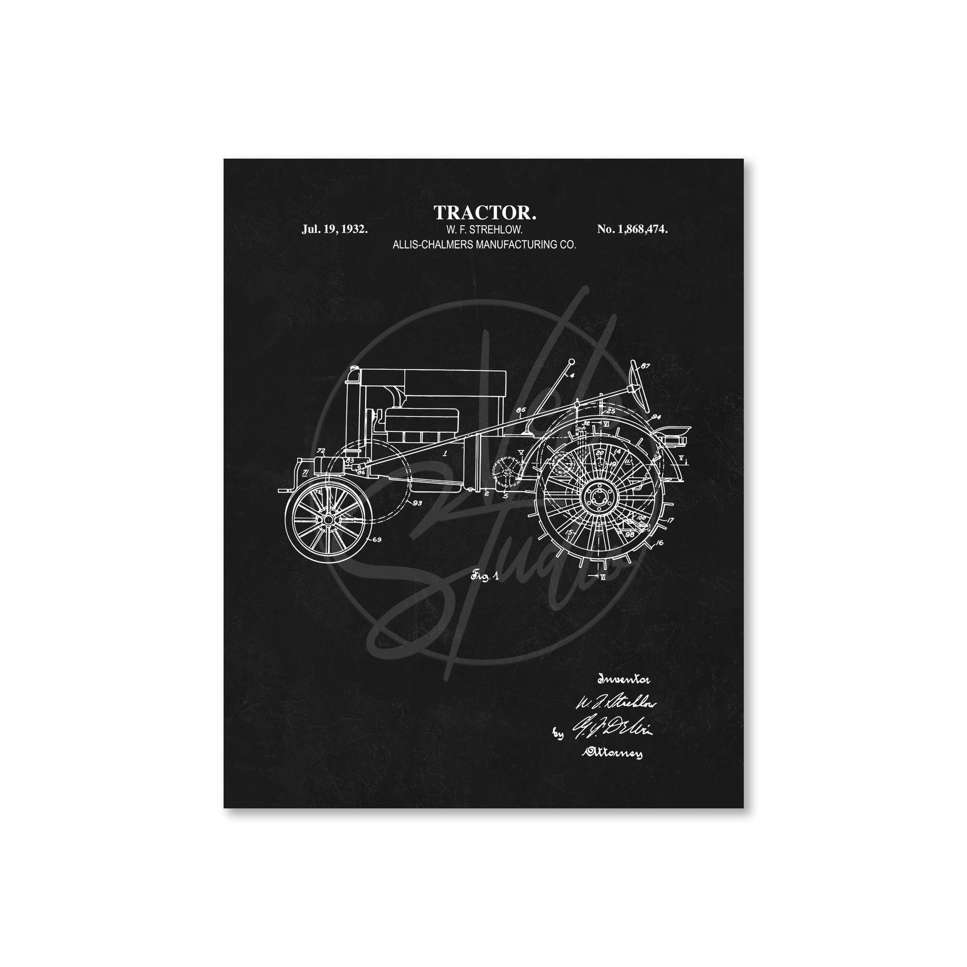 Vintage tractor blueprint on a black background