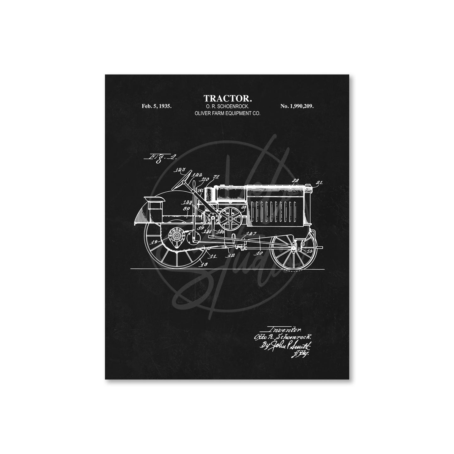 Vintage tractor blueprint on a black background
