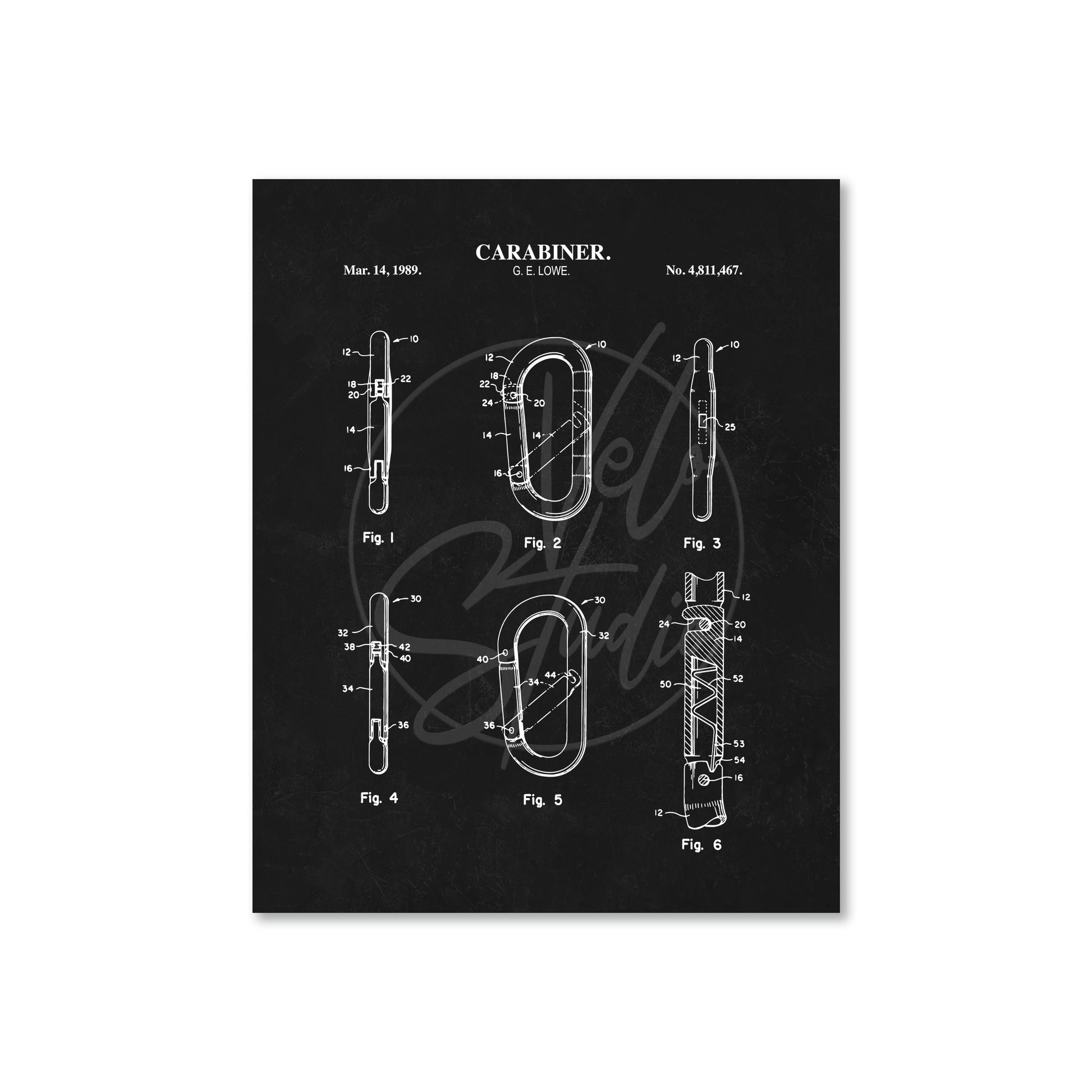 Carabiner patent illustration on a black background