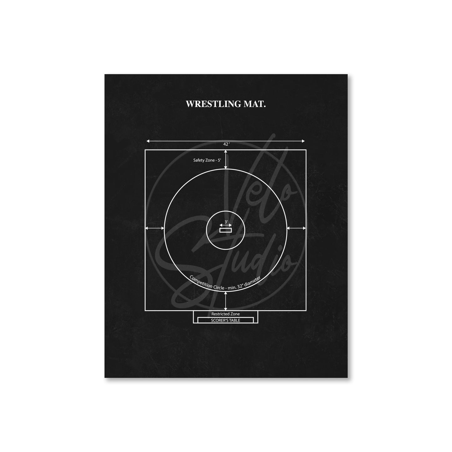 Black wrestling mat diagram with white graphic