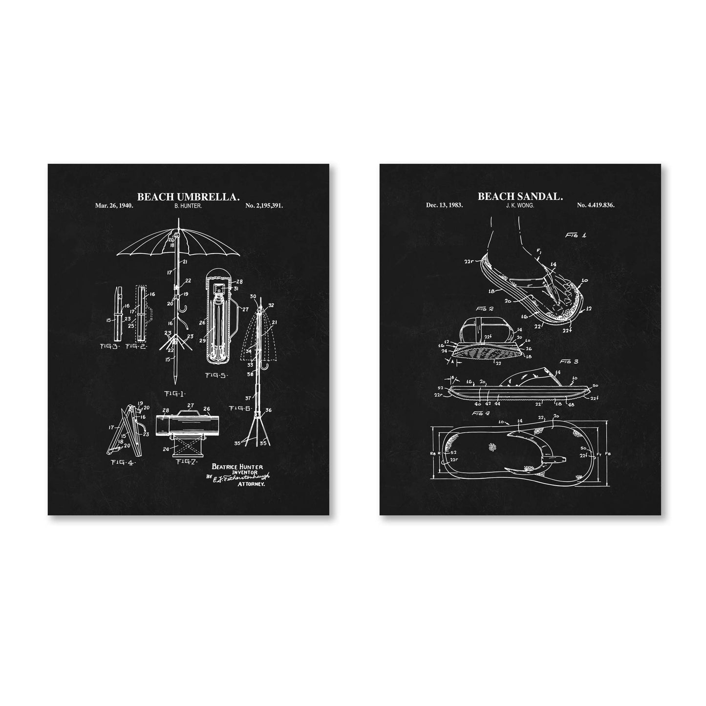 Beach Wall Art Set of 2 -  Flip Flop and Umbrella - Ready to Frame Prints