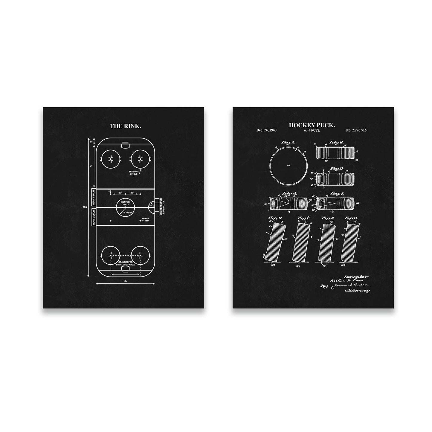 Hockey Wall Art Set - Puck Patent & Rink Diagram - Ready to Frame Prints