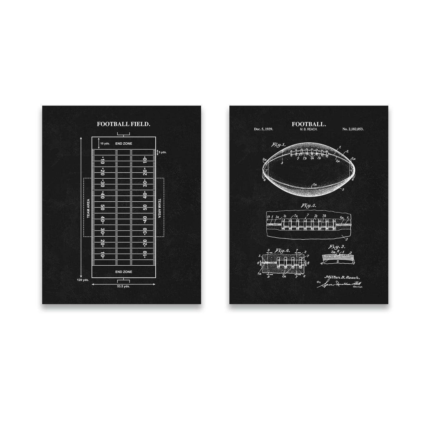 Football Wall Art Set - Football Patent & Field Diagram - Ready to Frame Prints