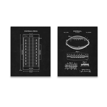 Football Wall Art Set - Football Patent & Field Diagram - Ready to Frame Prints