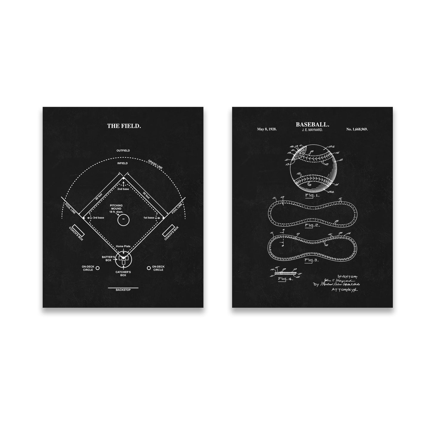 Two black patent-style wall art prints showing white baseball field and baseball diagram illustrations, displayed side by side on a light gray background.
