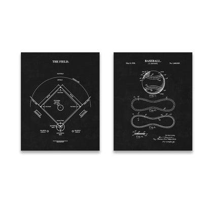 Two black patent-style wall art prints showing white baseball field and baseball diagram illustrations, displayed side by side on a light gray background.