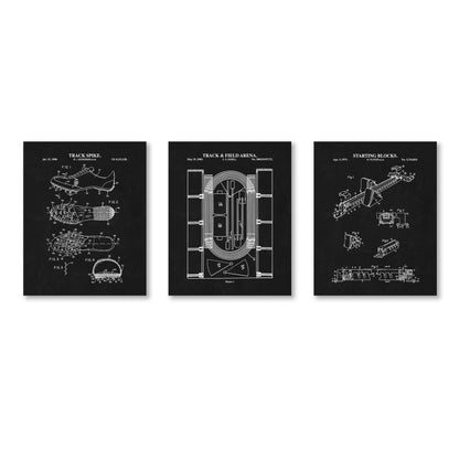 Three black and white posters featuring track and field equipment designs on a white background.