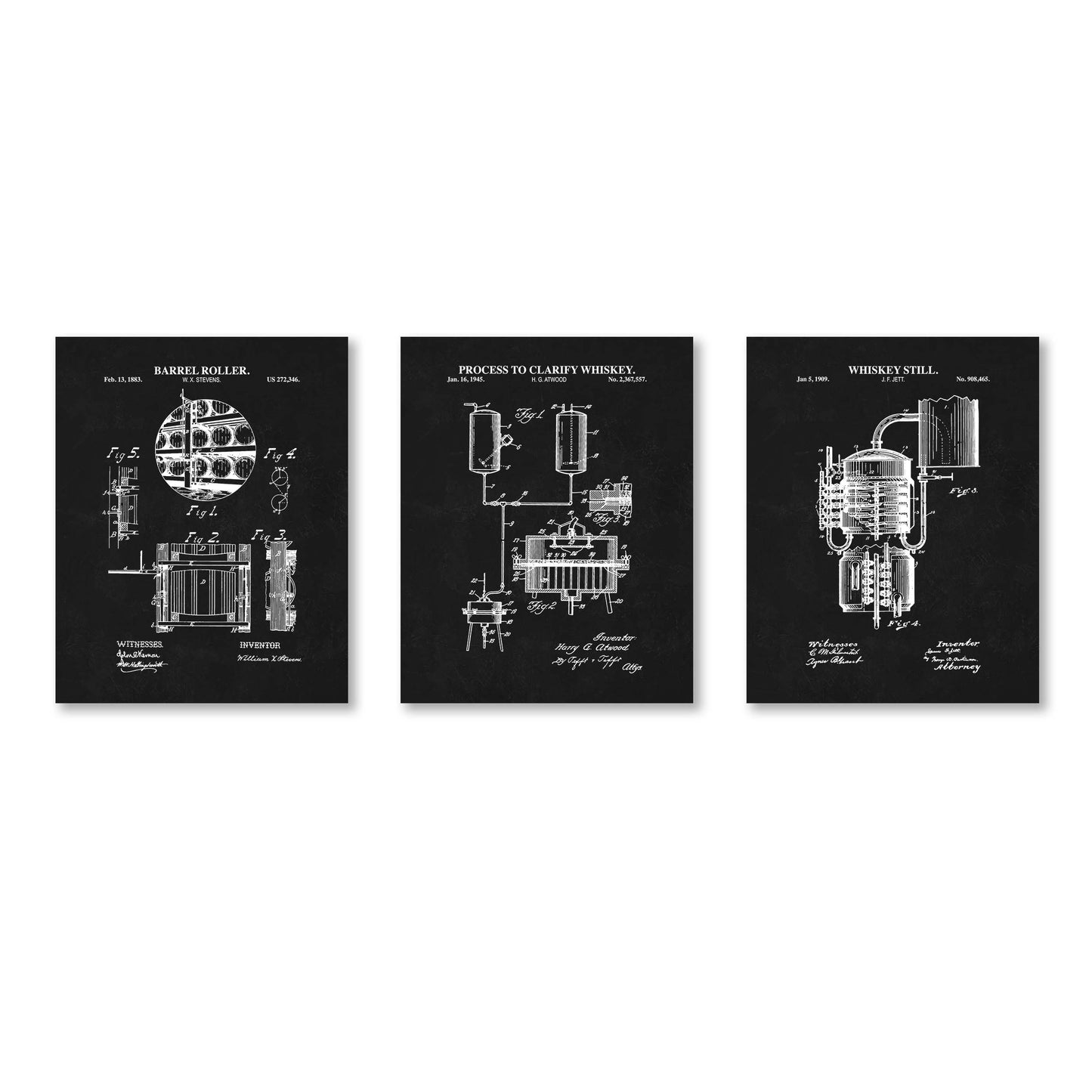 Three black posters with white technical drawings of whiskey-making equipment on a white background.