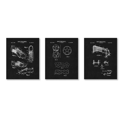 Soccer Patent Wall Art Set - Goal, Shoe, Ball - Ready to Frame Prints