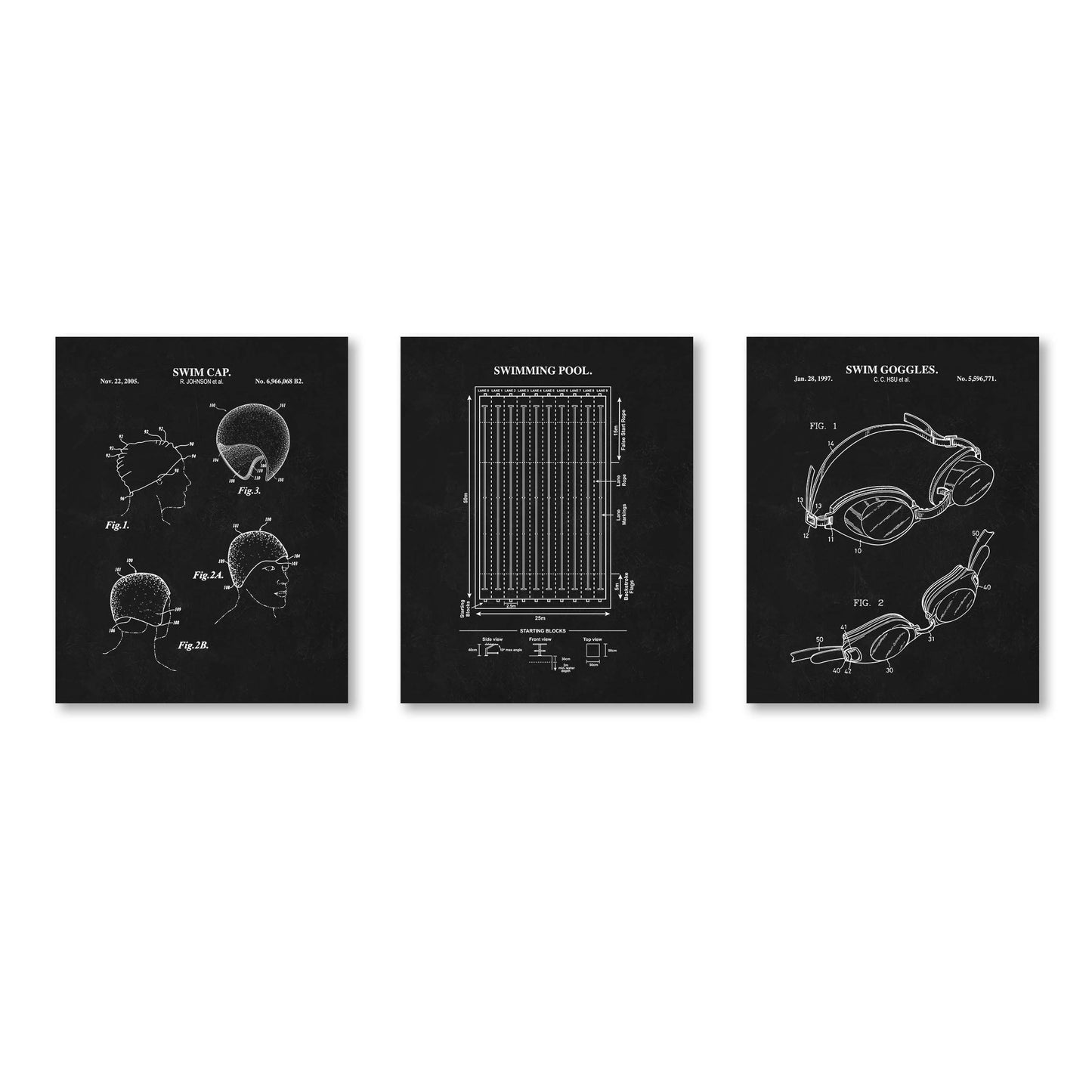 Three black and white swimming themed patent-style posters on a white background