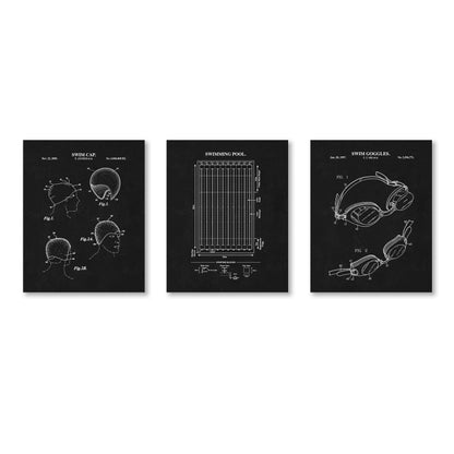 Three black and white swimming themed patent-style posters on a white background