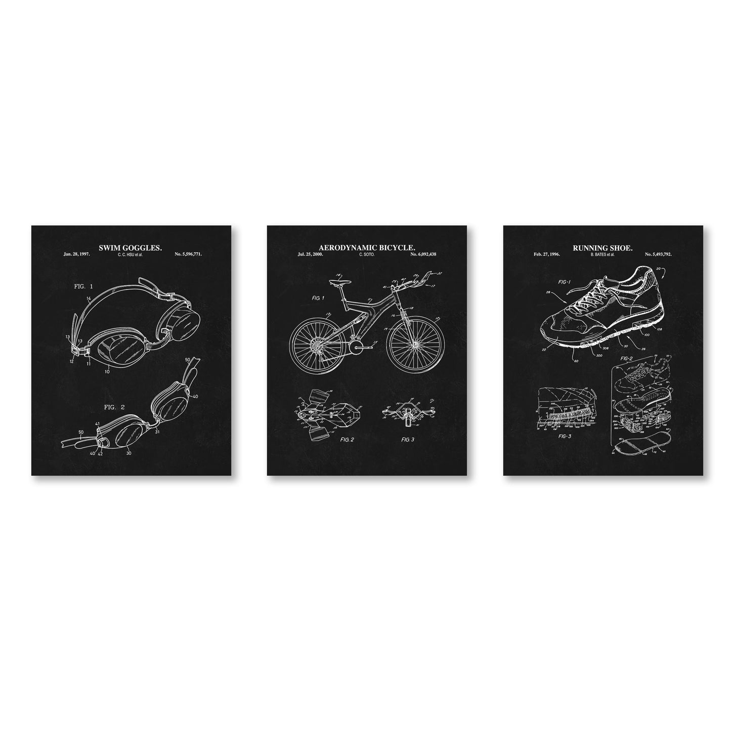 Three blueprints of swim goggles, a bicycle, and a running shoe on a white background.