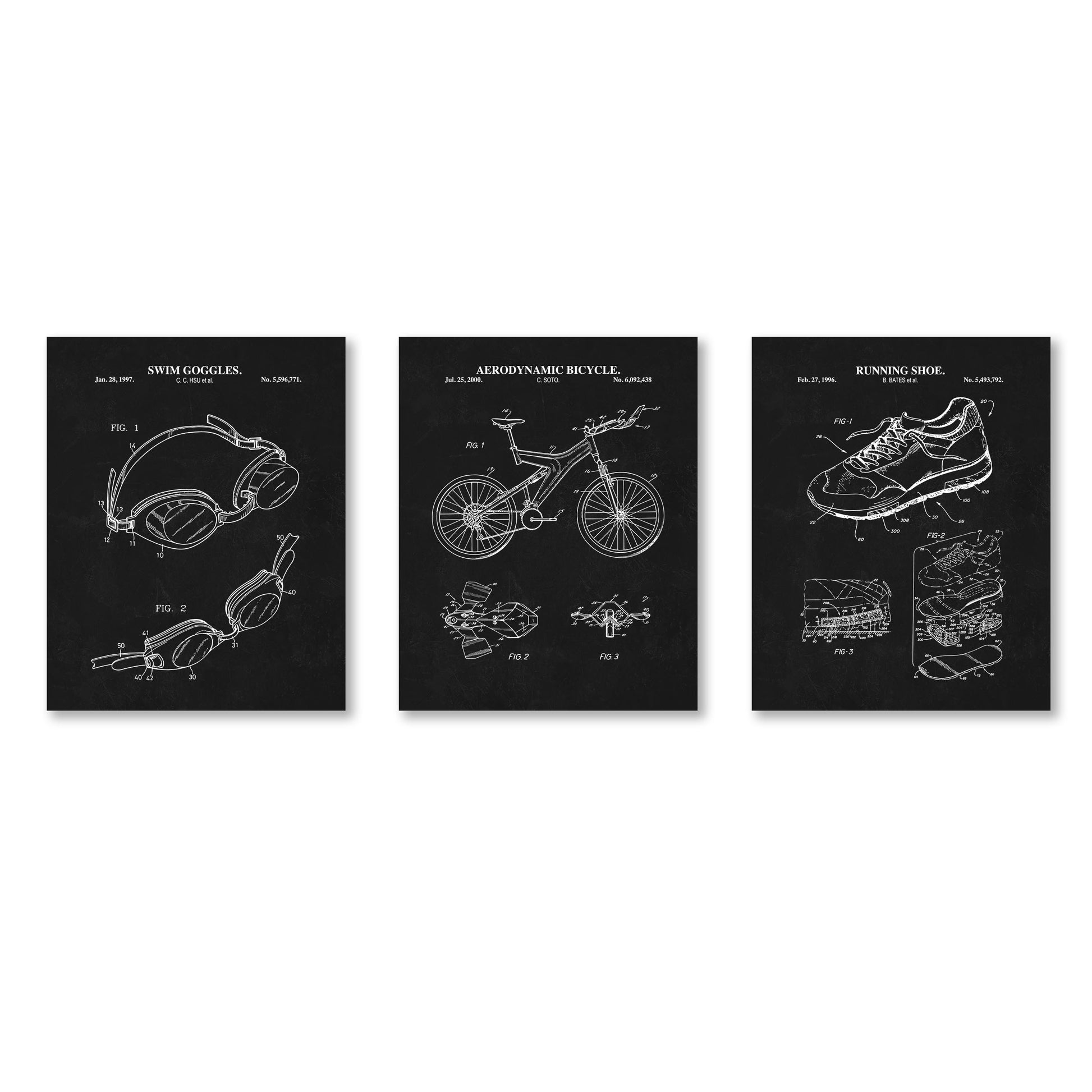 Three blueprints of swim goggles, a bicycle, and a running shoe on a white background.