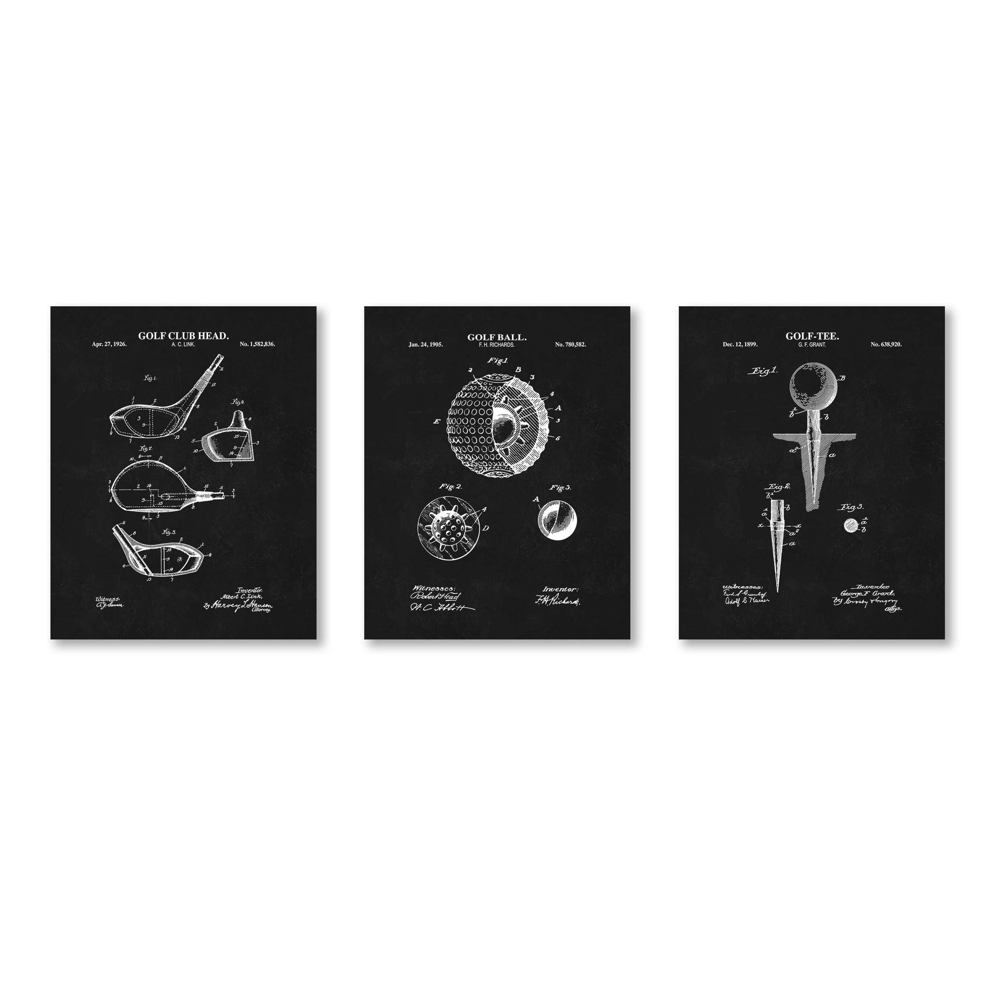 Set of three black patent-style posters featuring golf-related illustrations on a white background.
