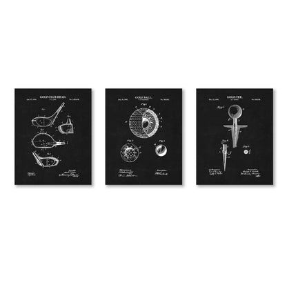 Set of three black patent-style posters featuring golf-related illustrations on a white background.