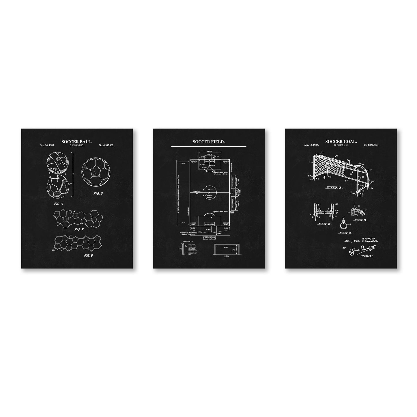 Three black wall art prints showing white patent-style technical drawings labeled soccer ball, soccer field, and soccer goal, displayed side by side on a white background.
