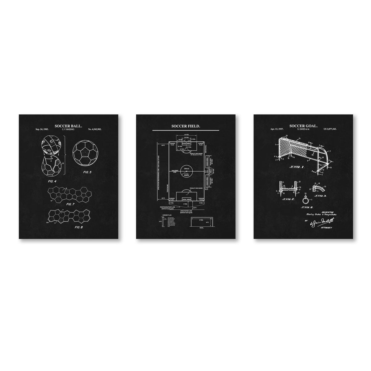Three black wall art prints showing white patent-style technical drawings labeled soccer ball, soccer field, and soccer goal, displayed side by side on a white background.