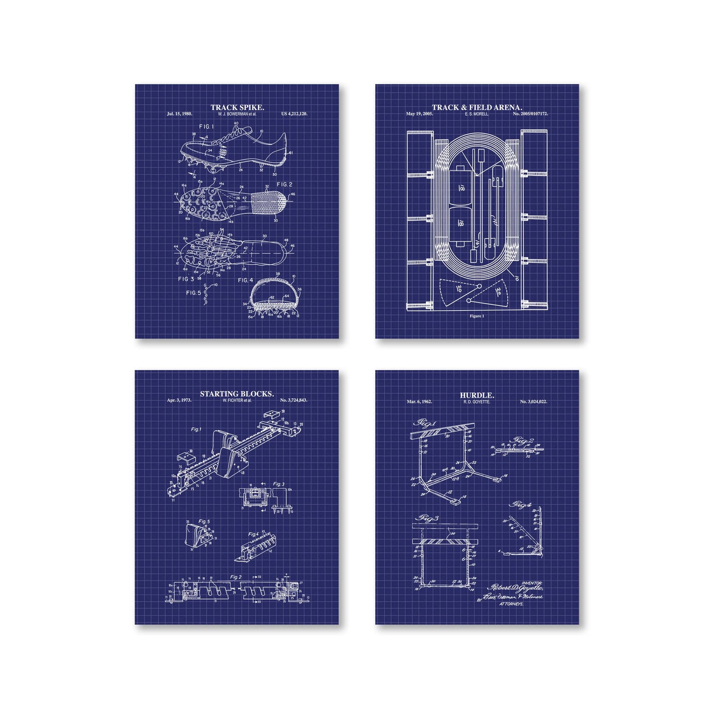 Four blueprints of track and field equipment on a white background
