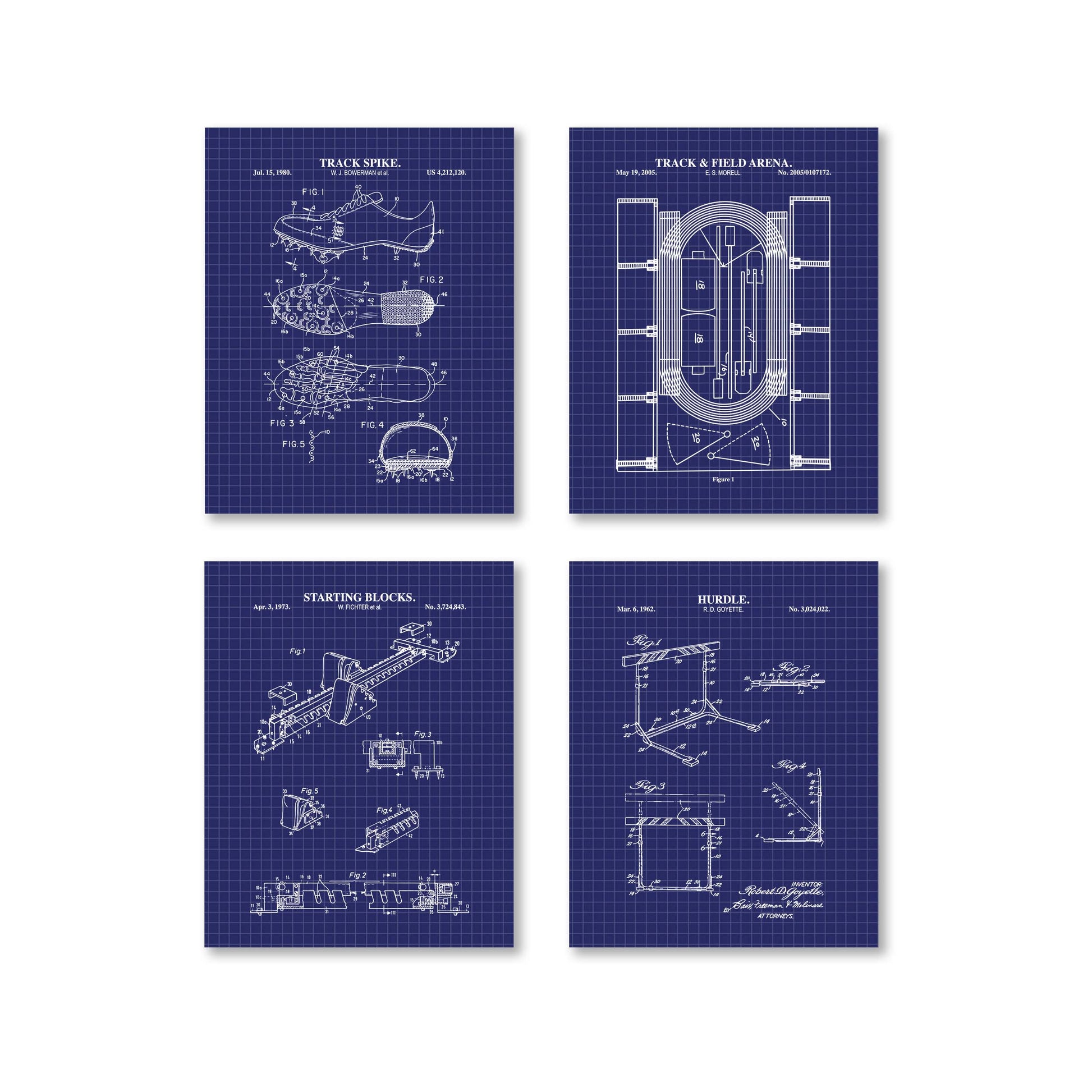 Four blueprints of track and field equipment on a white background