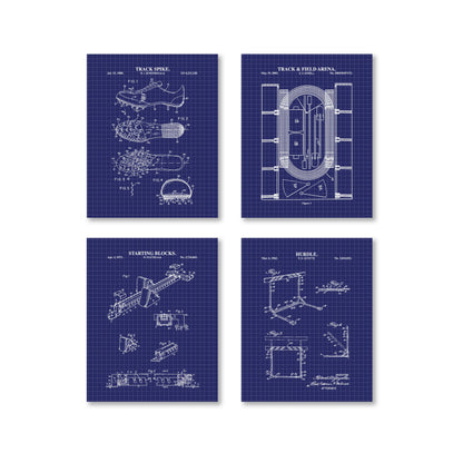 Four blueprints of track and field equipment on a white background