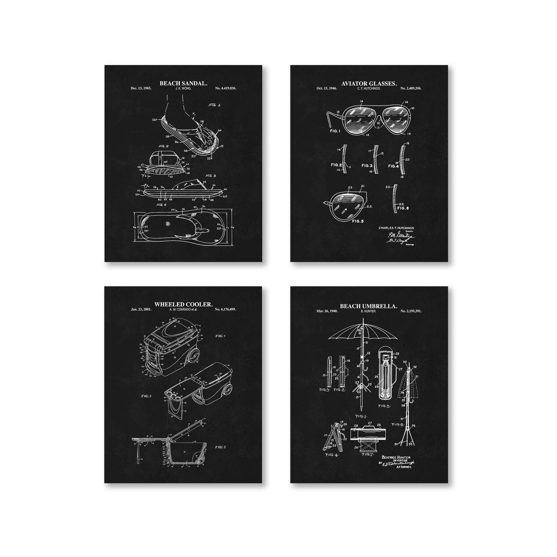 Four beach themed black and white patent posters on a white background