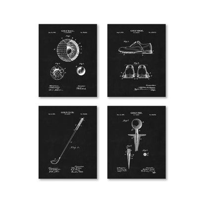 Four black and white patent posters featuring golf-related illustrations on a white background.