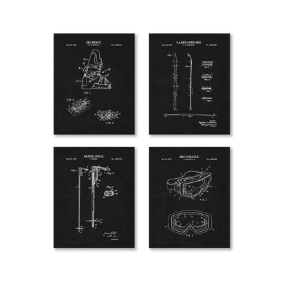Skiing Patent Wall Art Set - Boot, Ski, Pole and Goggle - Ready to Frame Prints