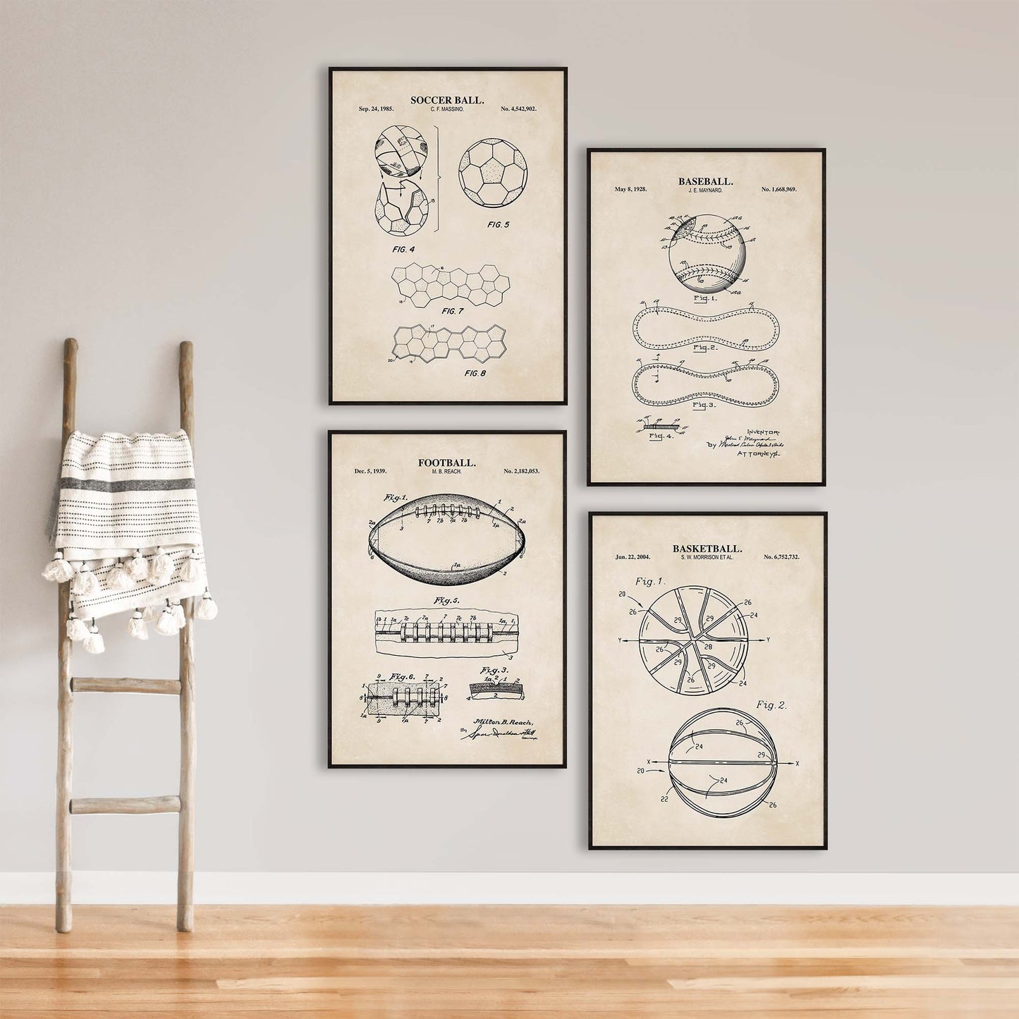 Baseball, Football, Soccer Ball and Basketball Patent Print Wall Art - Set of 4 - PRINTABLE DIGITAL DOWNLOAD
