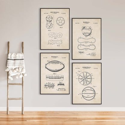 Baseball, Football, Soccer Ball and Basketball Patent Print Wall Art - Set of 4 - PRINTABLE DIGITAL DOWNLOAD