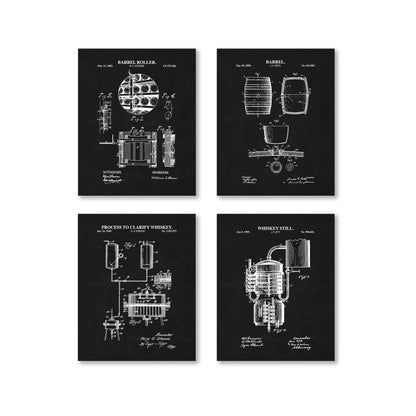 Four black and white patent posters on a chalkboard background with white graphic