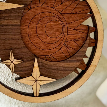 Celestial Sun and Moon Wood Ornament