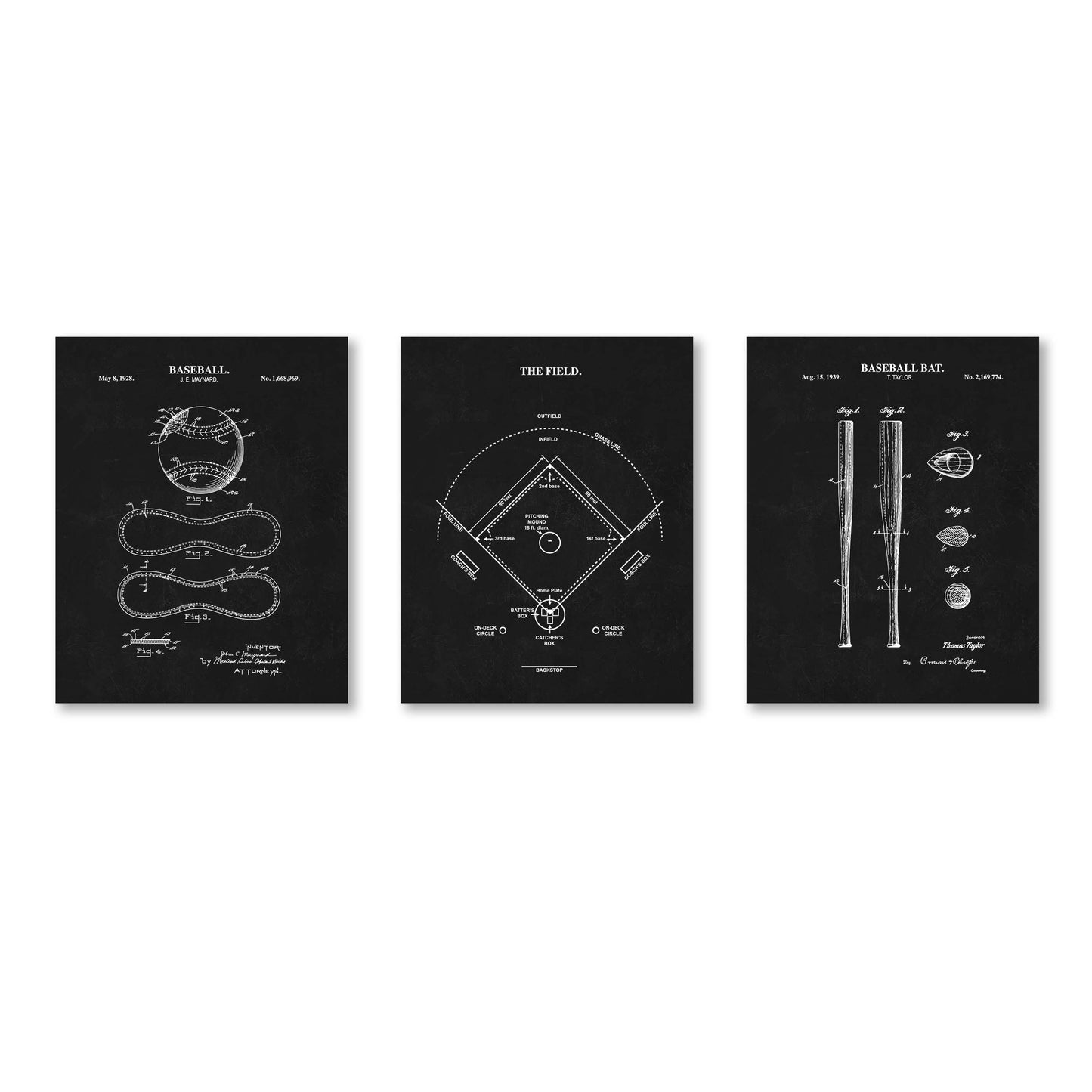 Three black posters with white line drawings of baseball equipment and field layout on a white background.