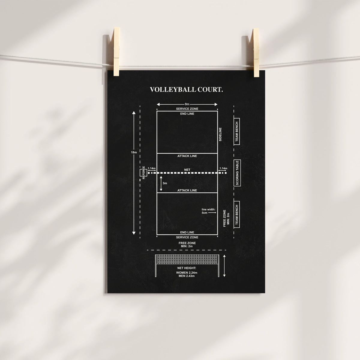 Chalkboard volleyball court diagram wall print displayed unframed with wooden clips.