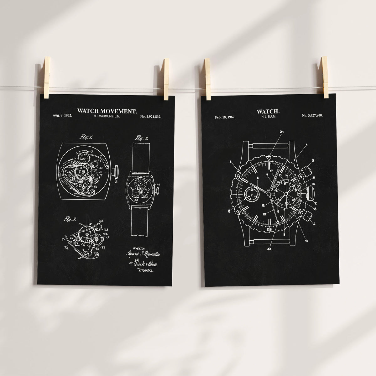 Vintage watch technical drawings on black chalkboard backgrounds