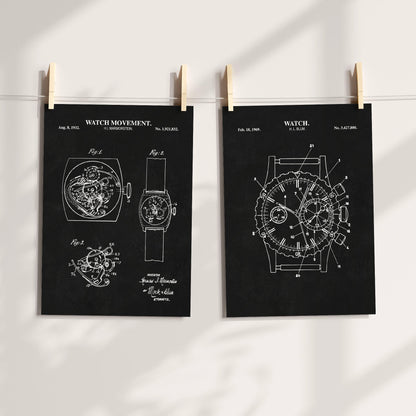 Vintage watch technical drawings on black chalkboard backgrounds