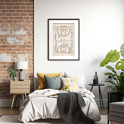 Modern bedroom with a bed, nightstands, and wall art of a basketball court.